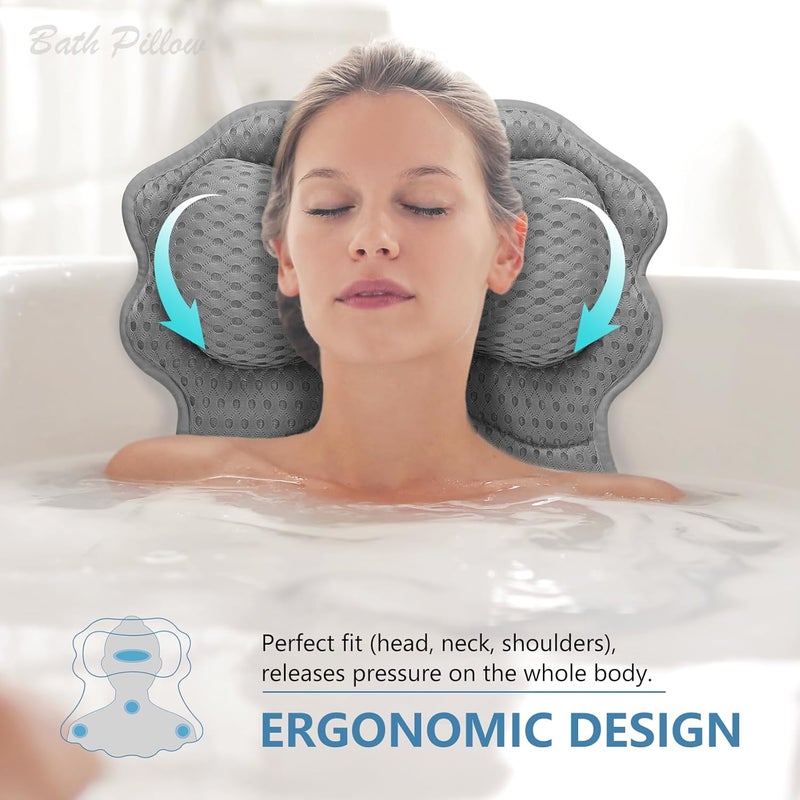 SetSail Bath Pillow, Relaxing Bath Pillows for Tub Neck and Back Support Soft 4D Breathable Air Mesh Ergonomic Bathtub Pillow with 6 Strong Suction Cups and Hook Luxury Bathroom Accessories,Grey - Image 2